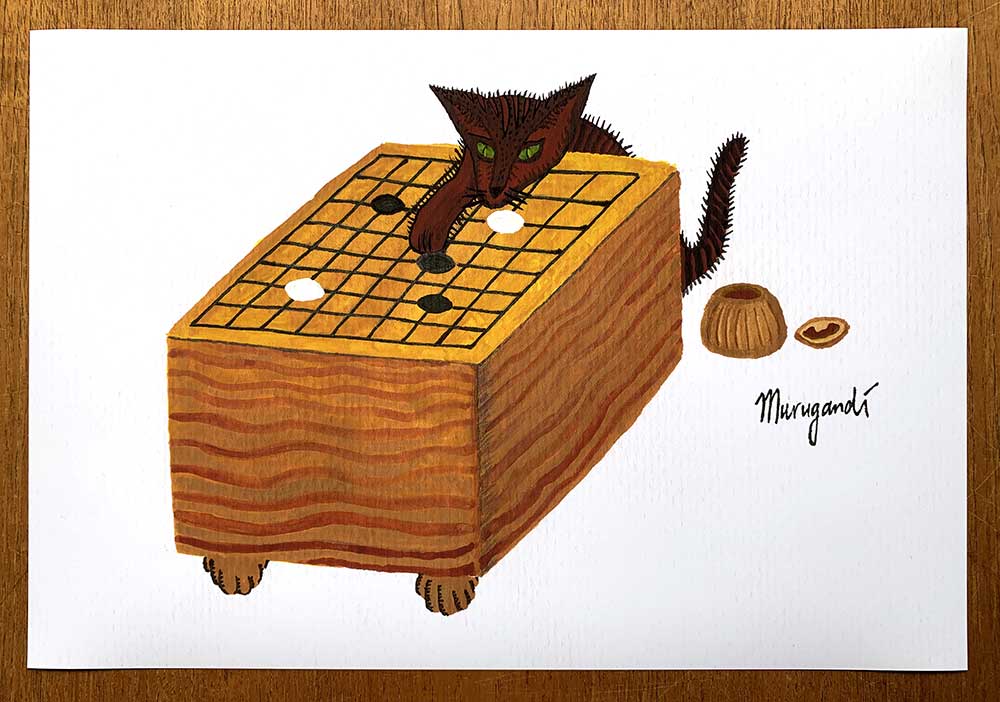 An example of my art: "Sniffing the Third Line", a poster of a cat playing Go.